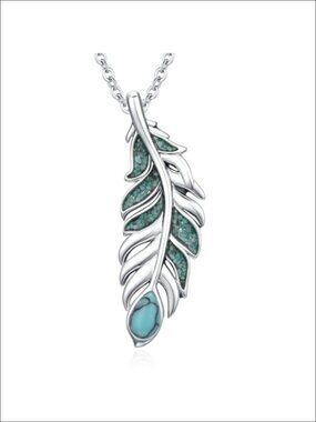 Turquoise Feather Pendant Necklace White Gold Plated Boho Southwest Style 18-20